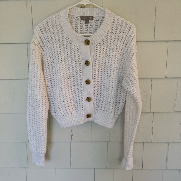 J. Crew Cropped Cardigan Sweater Textured Pointelle Crochet White size Small - Picture 4 of 8